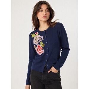 Karen Nicol Navy Floral Embroidered Wool Cardigan Sweater L Cottage Twee Whimsi